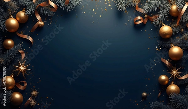 Fototapeta Minimalist Luxury Christmas Background in Deep Navy Blue and Gold with Subtle USA Flag Wave and Golden Decorations