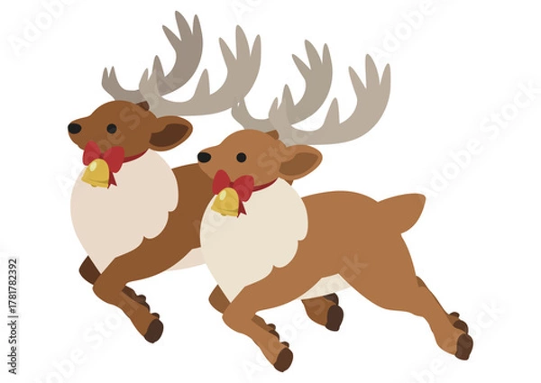 Fototapeta 赤いリボンとベルをつけたトナカイのペア/冬のかわいい動物イラスト