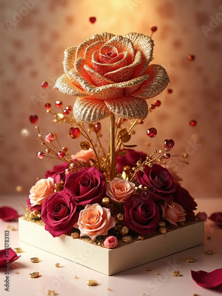 Obraz Golden rose with red flowers on gift box under warm light