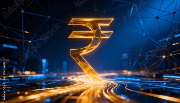 Obraz Digital Indian Rupee Symbol with Glowing Network Lines