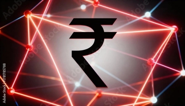 Obraz Rupee Symbol on Neon Network Grid