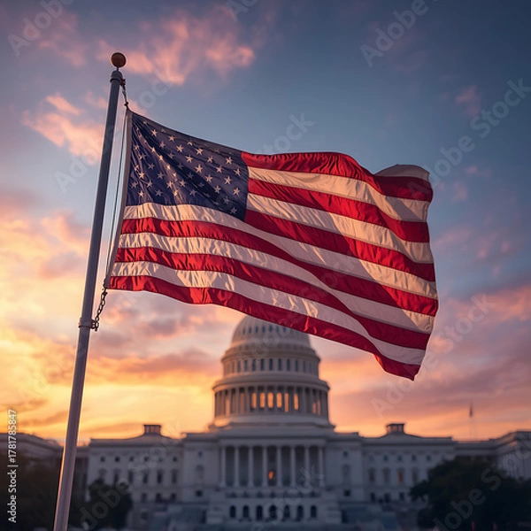 Fototapeta An American flag waves in front of the U.S. Capitol building at sunset, symbolizing patriotism and national pride.
