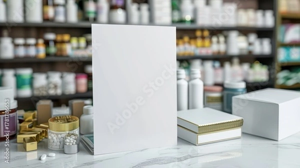 Fototapeta Black friday pharmacy mockup with blank product display for marketing design. Template, mock-up for pharmacy, drugstore, cosmetics store. Horizontal banner. Copy space