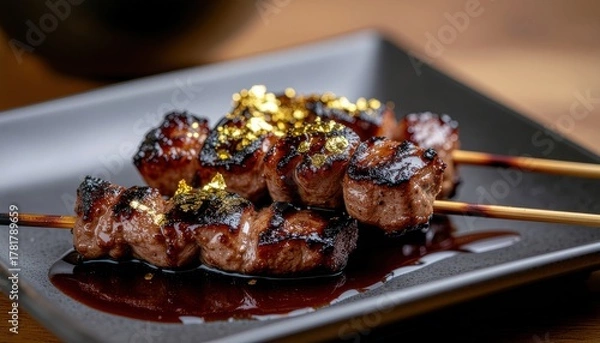 Obraz Exquisite presentation of grilled meat skewers adorned with edible gold leaves, served on a dark,