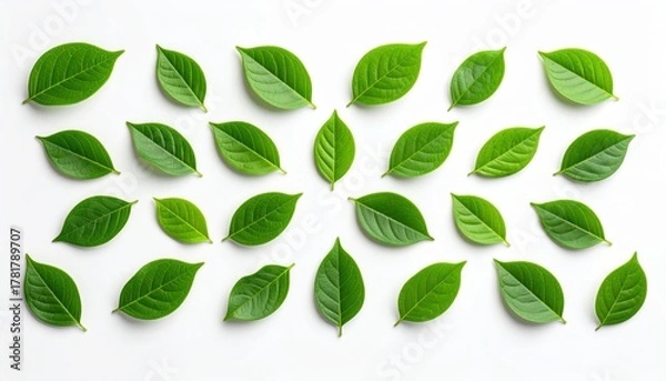 Fototapeta Green leaves isolated on white background close up of fresh green leaves set against clean pristine white backdrop ideal for design elements