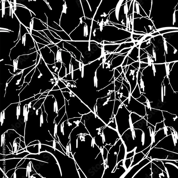 Fototapeta White branches isolated on a black background. Seamless pattern. Alder tree. 