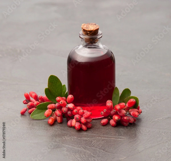 Obraz Barberry syrup in bottle and barberry berries