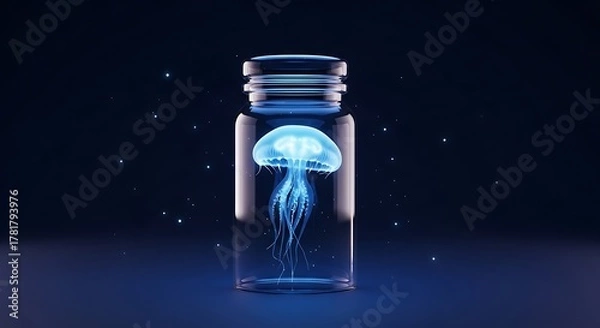 Obraz 신비로운 푸른 해파리, 유리병 속에서 은은하게 빛나는 몽환적인 순간 \