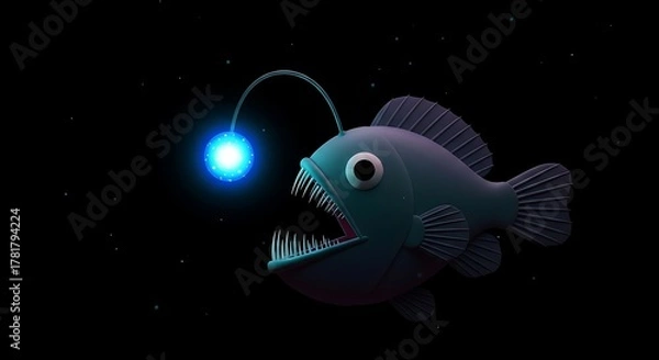 Fototapeta 어두운 심해에서 빛나는 아귀, 신비로운 푸른 조명이 시선을 사로잡네