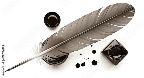 Fototapeta 깃털 펜과 잉크가 흰색 배경에서 우아하게 빛나며 펼쳐져 있습니다