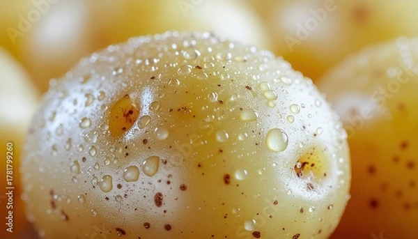 Obraz Close-up of fresh, small potatoes with water droplets exhibiting vibrant texture