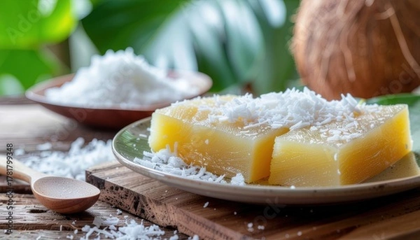 Obraz Close-up of traditional Brazilian dessert Manjar de Coco served with coconut flakes, wooden