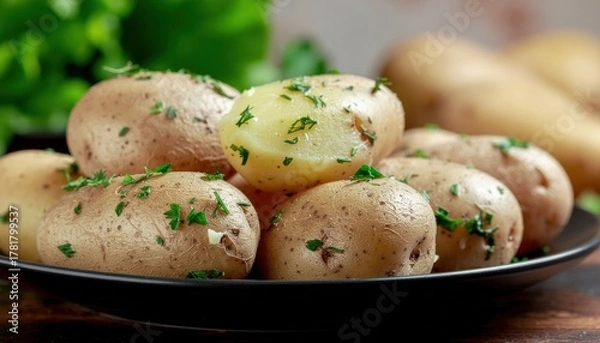 Obraz Delicious boiled potatoes with parsley on a black plate ready to be served and eaten a healthy dish
