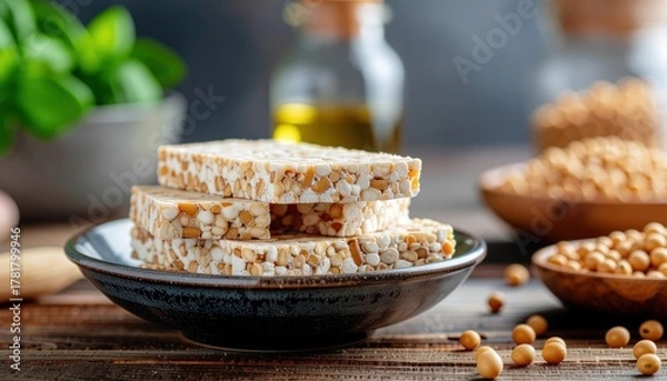 Obraz Delicious Homemade Tempeh on Plate with Soybeans and Oil in Background Still Life