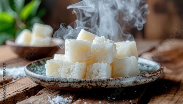 Obraz Delicious Steaming Tapioca Cake Cubes on Rustic Wooden Table for Sweet Food Photography