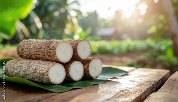 Obraz Fresh Cassava Roots on a Banana Leaf with a Natural Green Garden Background