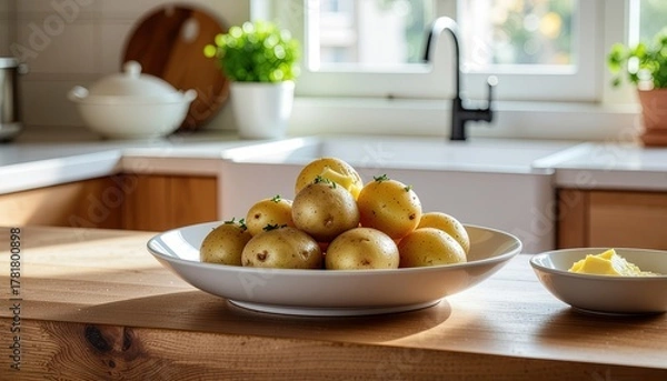 Obraz Golden Potatoes Freshly Harvested Displayed on a Plate in a Bright Kitchen Setting ready to eat