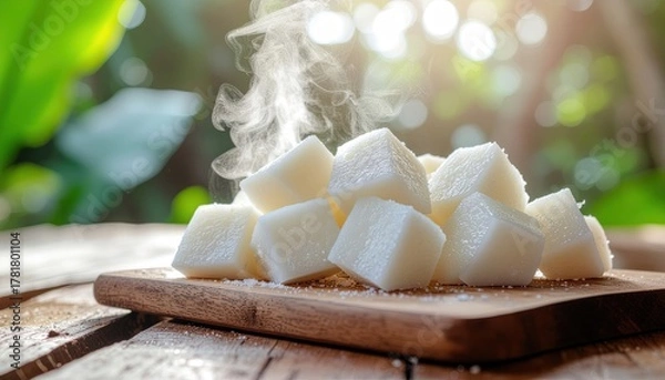 Obraz Steaming Cubes of Fresh Coconut on Wooden Board with Natural Background Scene