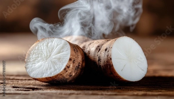 Obraz Steaming hot cassava root on a wooden table offering a delightful culinary experience with fresh