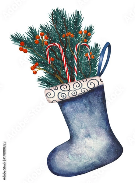 Obraz Hand drawn Christmas blue sock with fir branches, candy canes, and red berries. Watercolor illustration.