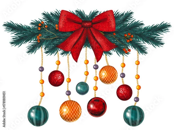 Obraz Hand drawn Christmas border with fir branches, red bow, red berries, spruce tree decorations hanging on strings. Watercolor illustration.