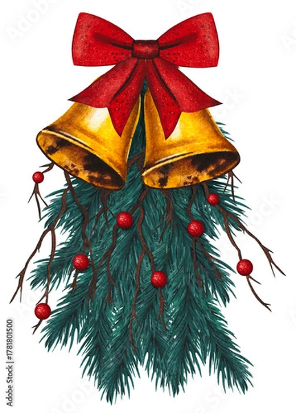 Obraz Hand drawn golden bells with a red bow, spruce branches. Christmas decor. Watercolor illustration.