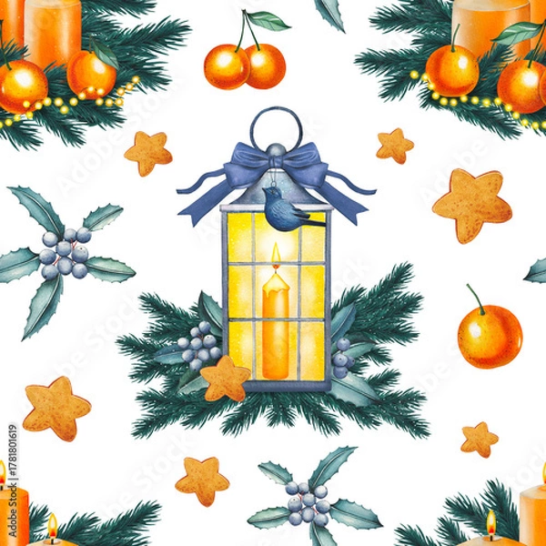 Obraz Hand drawn Christmas seamless pattern featuring a vintage lantern, candles, tangerines, and fir branches. Watercolor illustration.