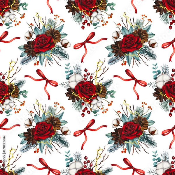 Obraz Hand drawn Christmas seamless pattern with red roses, cotton, red bows. Watercolor illustration.