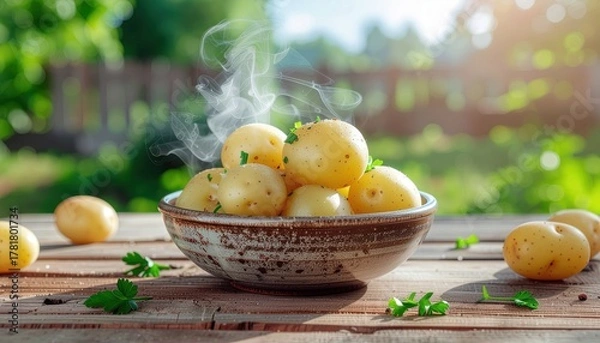 Obraz Steaming new potatoes in a rustic bowl, set outdoors on a sunny wooden table