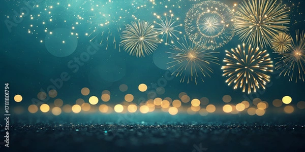 Obraz ❄️ Bright blue winter night sky with colorful holiday lights and shining snow star illustration