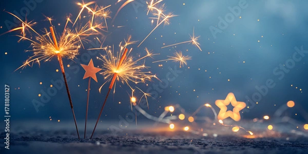 Obraz Night celebration fireworks over the river, a bright sparkle design illustrating a new year festival event decoration