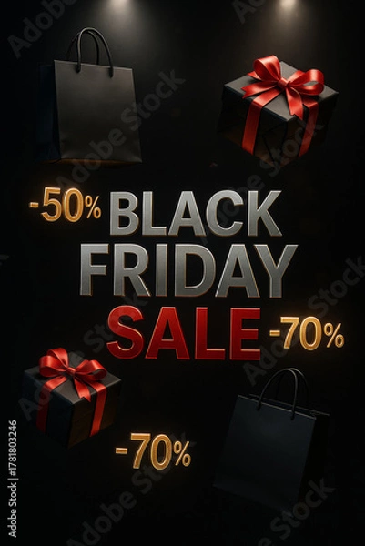 Obraz Luxury vertical Black Friday sale flyer with black gift boxes, red ribbons, and floating bags