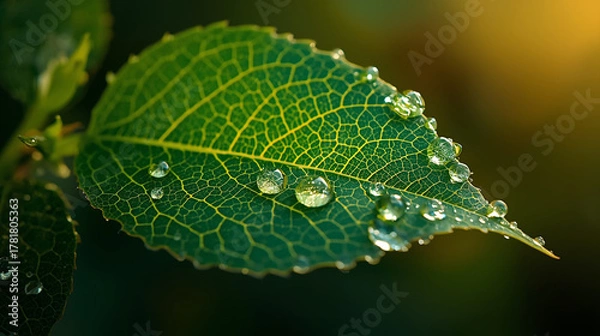 Fototapeta Nature's Detail: Close-up of Leaf with Water Beads