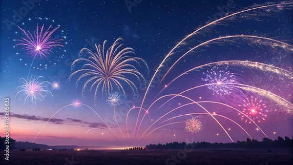 Obraz Beautiful colorful New Year city celebration fireworks display reflecting on the river at night