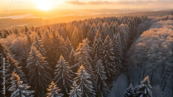 Obraz Sunrise over a beautiful winter mountain landscape with snow, frozen trees, and a cold sky