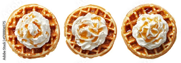 Obraz Golden waffle with whipped cream and syrup topping, isolated on white background, concept of sweet dessert treat