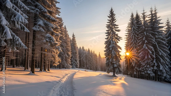 Obraz Winter sunset in the park with frost on trees and a snowy path