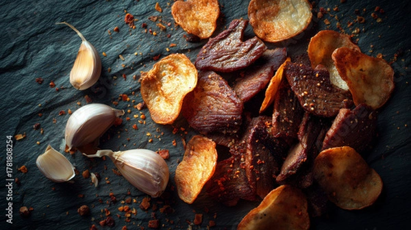 Fototapeta Modern Internet Meme Food Styling: Liver Chips and Garlic