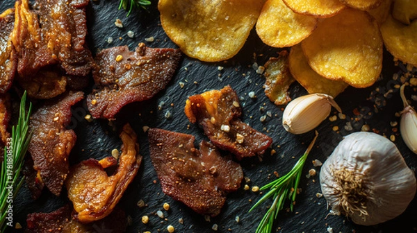Fototapeta Modern Internet Meme Food Styling: Liver Chips and Garlic