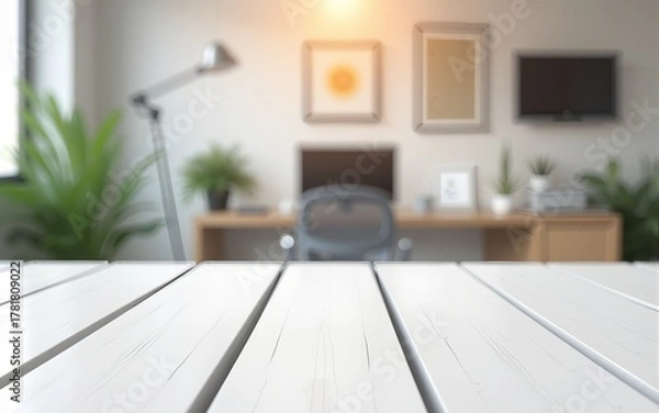 Obraz White wood top table over office blurred background. High quality