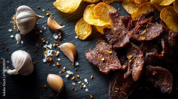 Fototapeta Modern Internet Meme Food Styling: Liver Chips and Garlic