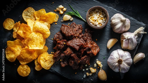 Fototapeta Modern Internet Meme Food Styling: Liver Chips and Garlic