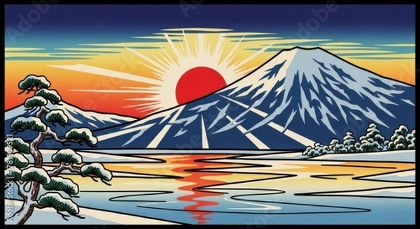 Fototapeta Vibrant landscape illustration featuring majestic mountain, rising sun, and serene lake, surrounded by lush trees, capturing the beauty of nature in a colorful artistic style