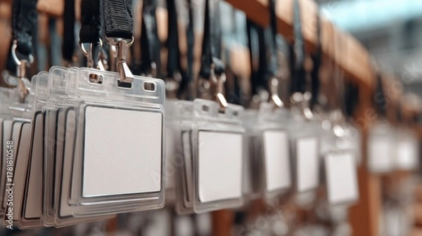 Fototapeta Blank ID badges hanging on a rack ready for an event or conference