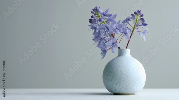 Fototapeta Ceramic vase with single flower stem positioned elegantly, showcasing delicate purple blooms against minimalist background