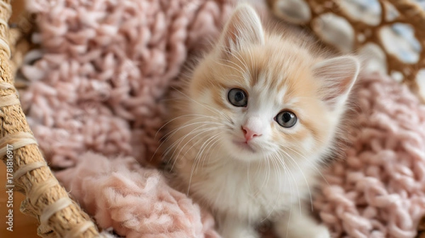 Fototapeta Playful single kitten in cozy basket, surrounded by soft pink fabric, exudes sense of warmth and cuteness