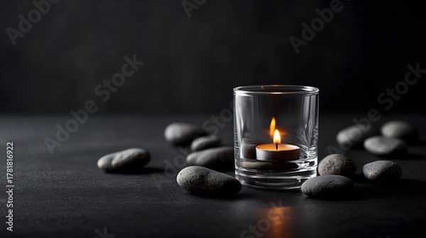 Obraz Single candle in clear glass holder emits warm glow, surrounded by smooth stones, creating serene atmosphere