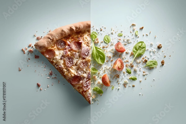 Obraz Delicious pizza slice with pepperoni, cheese, and fresh toppings, beautifully presented on light blue background, evokes sense of culinary delight