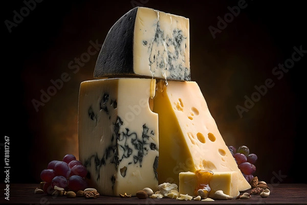 Fototapeta Artisanal cheese platter featuring variety of cheeses, including blue cheese and aged cheddar, garnished with nuts and grapes, evoking indulgence