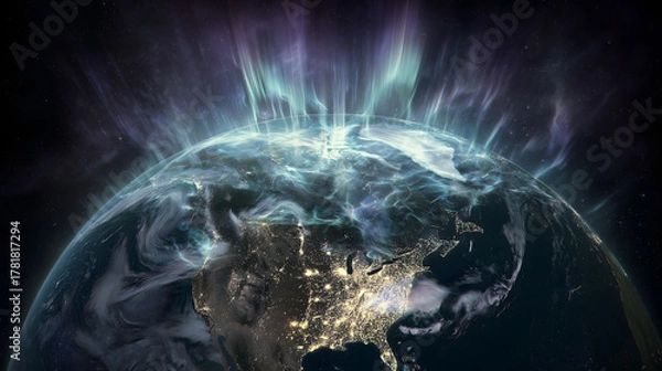 Fototapeta Planet Earth illuminated by auroras, showcasing vibrant colors and swirling clouds, evokes sense of wonder and beauty in universe